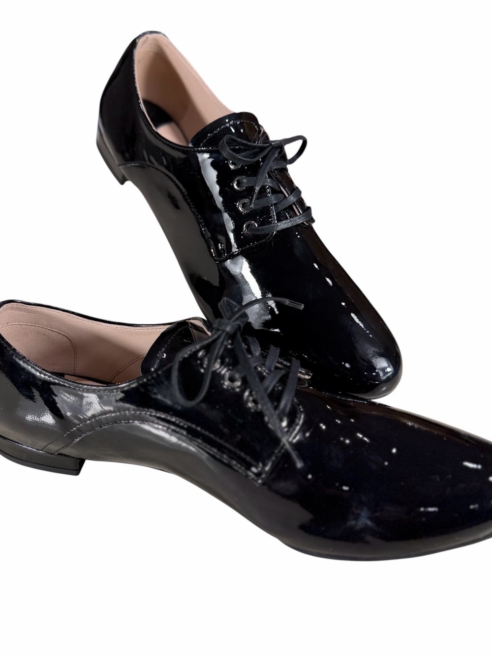 Miu Miu Patent Leather Lace-Up Oxford Flats in Black.